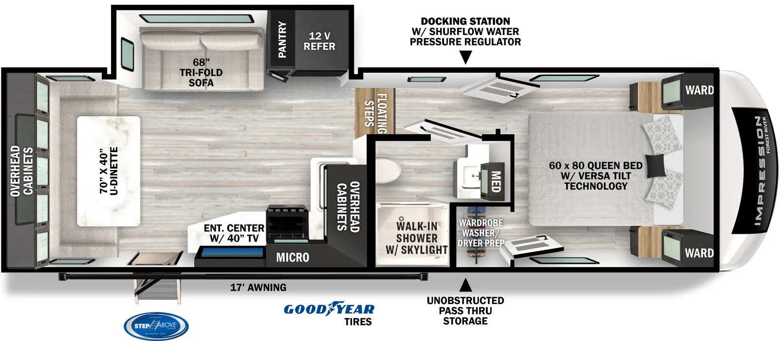 The 242RD has one slideout and one entry. Exterior features StepAbove entry step, 17 foot awning, Good Year tires, unobstructed pass thru storage, and a docking station with shurflow water pressure regulator. Interior layout front to back: foot facing queen bed with wardrobes on each side, and door side wardrobe with washer/dryer prep; door side full bathroom with medicine cabinet and shower skylight; two floating steps down to main living area; off-door side slideout with 12 volt refrigerator and tri-fold sofa; kitchen counter with sink and overhead cabinet wraps from inner wall to door side with microwave, cooktop, entertainment center, and entry door; rear u-dinette with overhead cabinets.